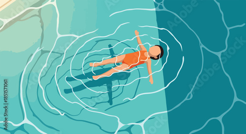 Illustration of a woman floating on her back in rippling turquoise water with a serene atmosphere and a contrasting darker blue background.