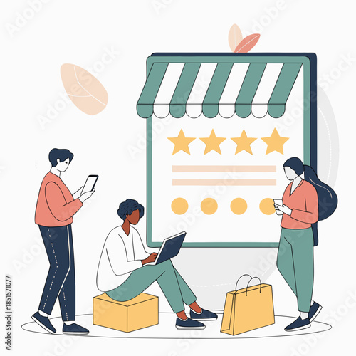 Customers giving feedback and rating their online shopping experience.
