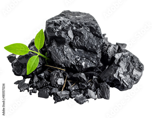 A small green plant growing out of a pile of black coal, symbolizing clean energy and environmental hope.