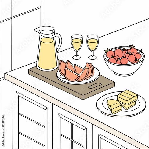 Freshly prepared breakfast items on a kitchen counter.