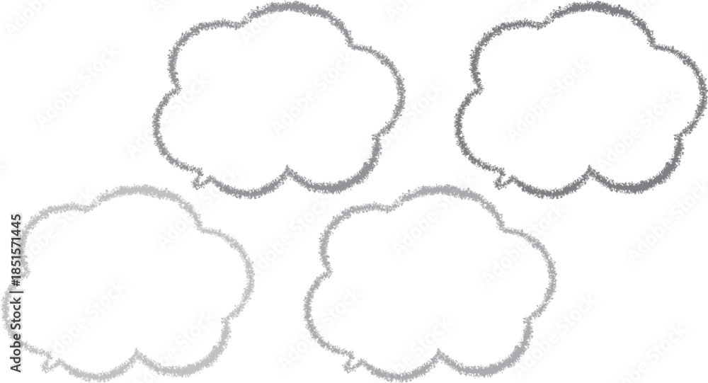 Fototapeta premium 黒からグレーにかけてづ古碑ずつ色が違う雲の形のふきだしセット。クレヨンで描かれたかわいいふきだし。らくがき風。手描き風。