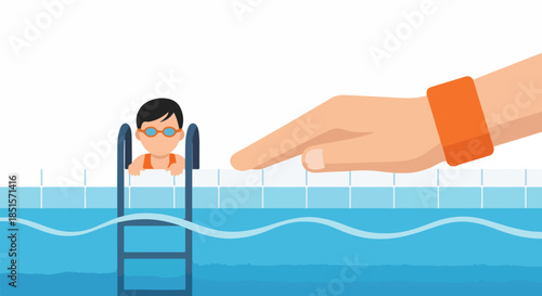 Illustration of a child in swimming goggles climbing out of a pool using a ladder as a hand points towards them from the right side with a white background.