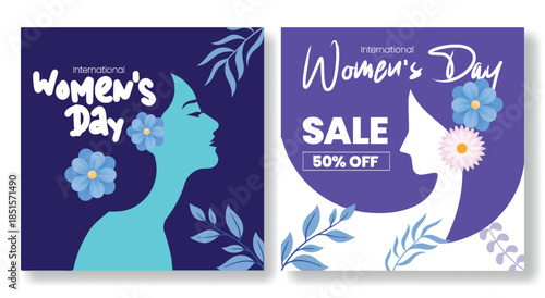 8 March Women’s Day Celebration Social Media Post Pack, Instagram Ads, Square Flyer Templates, Website Banners, Floral Vector Illustrations, Female Portrait Silhouette, Marketing Promo Bundle