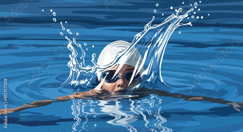 A female swimmer wearing a white cap and goggles swims through a splash of water in a pool with a blue gradient background.