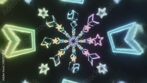 Captivating neon light display featuring symmetrical snowflake patterns and glowing geometric shapes set against a dark background, perfect for festive or decorative video visuals.