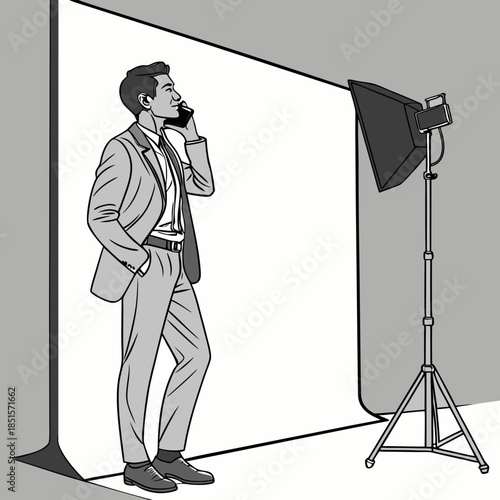 Man in suit talking on phone in photo studio.