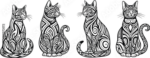 Abstract tribal cat vector illustration set, black and white patterned feline silhouettes, modern ornamental line art for tattoo, logo, branding, decor