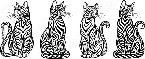 Abstract patterned cat vector illustration set, black and white decorative feline silhouettes with flowing line art style for tattoo, logo, branding, modern decor