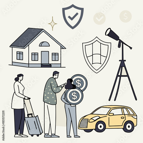 People with various types of insurance coverage for home travel and car.