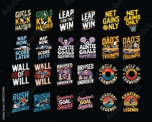 Collection of sports and motivational graphic designs with text and illustrations vector