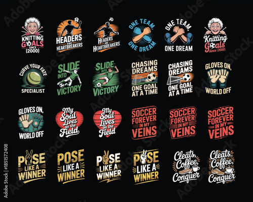 Assortment of sports-themed graphic designs with text and illustrations motivation