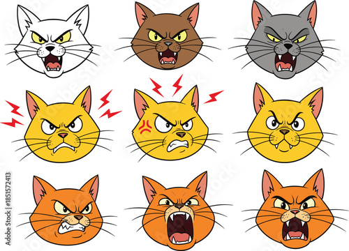 Angry cat emoji faces vector set, colorful cartoon feline expressions showing rage fury emotions for stickers, messaging apps, comics, social media