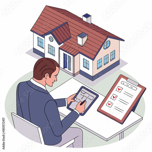 Real Estate Agent Inspecting Property for Sale.
