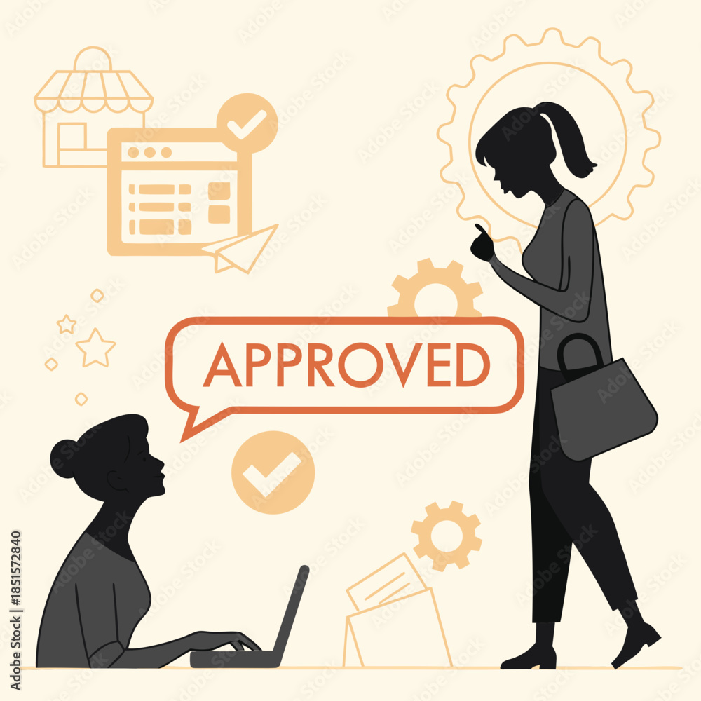 Naklejka premium Businesswomen managing online applications and receiving approval showcasing efficient digital processes.