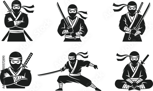 Ninja warrior silhouette icon set featuring katana sword poses, martial arts stances, Japanese assassin characters, flat vector illustration