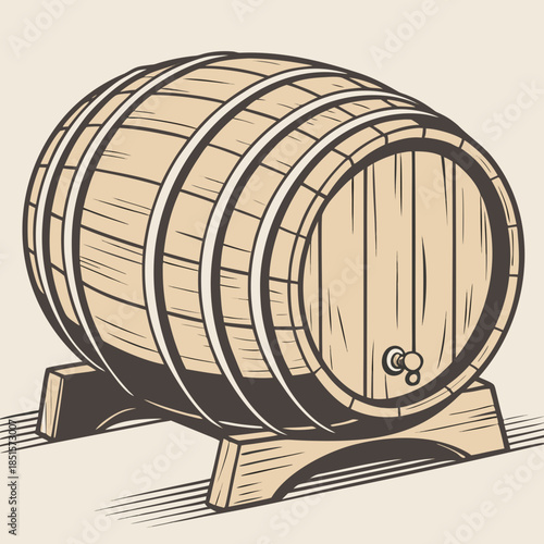 Wooden Barrel with Tap on Stand Vintage Style Illustration.