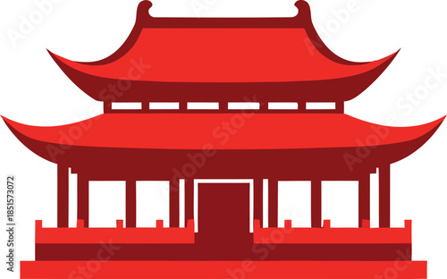 A serene illustration of a traditional Chinese temple during the Lunar Chinese New Year celebrations