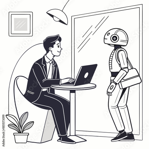 Young man working on laptop in a modern office setting.