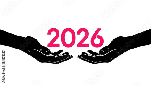 Futuristic year 2026 presented with open cupped hands on white background