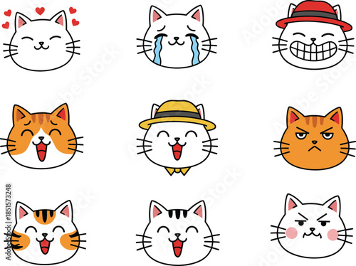 Cute cat emoji vector set, cartoon feline faces with funny emotions, hats and expressions for stickers, messaging apps, social media, games, kids illustrations