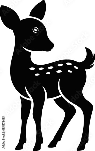 Stylized black silhouette of a young fawn with white spots standing