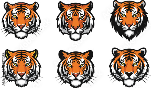 Fierce tiger head mascot vector set, roaring wild animal faces in bold orange black style for esports, logo, gaming team, branding, apparel design