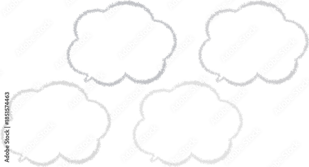 Fototapeta premium 黒からグレーにかけてづ古碑ずつ色が違う雲の形のふきだしセット。クレヨンで描かれたかわいいふきだし。らくがき風。手描き風。