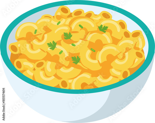 Bowl of creamy macaroni and cheese flat vector illustration