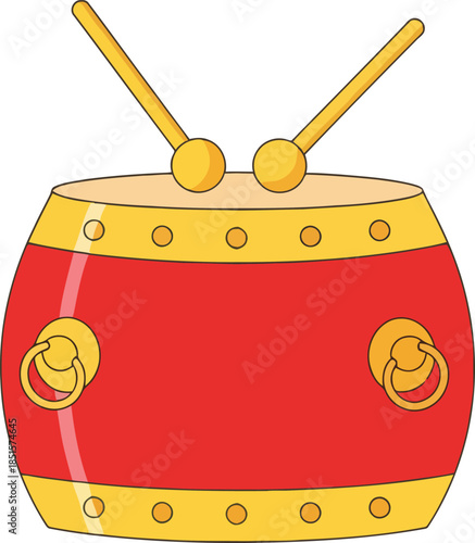 Vibrant traditional red drum with golden accents and drumsticks, symbolizing festive rhythm and cultural celebration. A musical instrument illustration for heritage designs