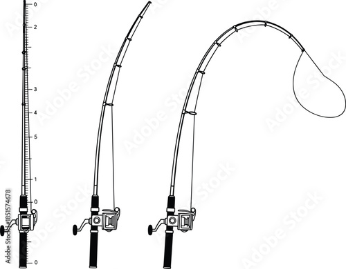 Fishing rod bending vector, torque illustration, force tension concept, black silhouette, physics diagram, mechanical stress, angling gear, minimal style