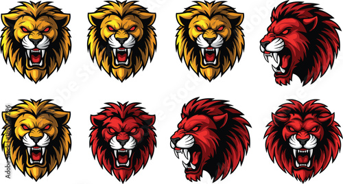 Roaring lion head mascot vector set, fierce wild big cat faces in aggressive poses for logos, esports teams, branding, stickers, apparel designs