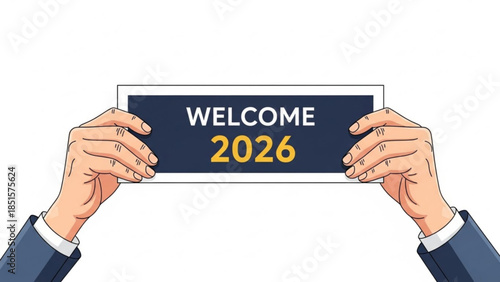 A blue and white sign with welcome 2026 written on it held by two hands in suit sleeves