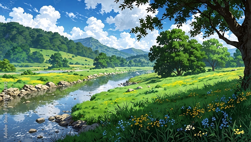 Obraz premium Idyllic Anime Landscape with Winding River, Lush Green Hills, and Vibrant Meadows under a Blue Sky