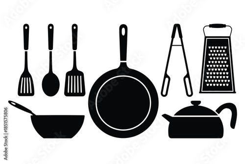 A collection of kitchen utensils and cookware arranged in a row.
