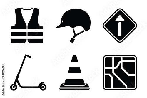 Illustrations of safety equipment, traffic symbols, and personal transport.