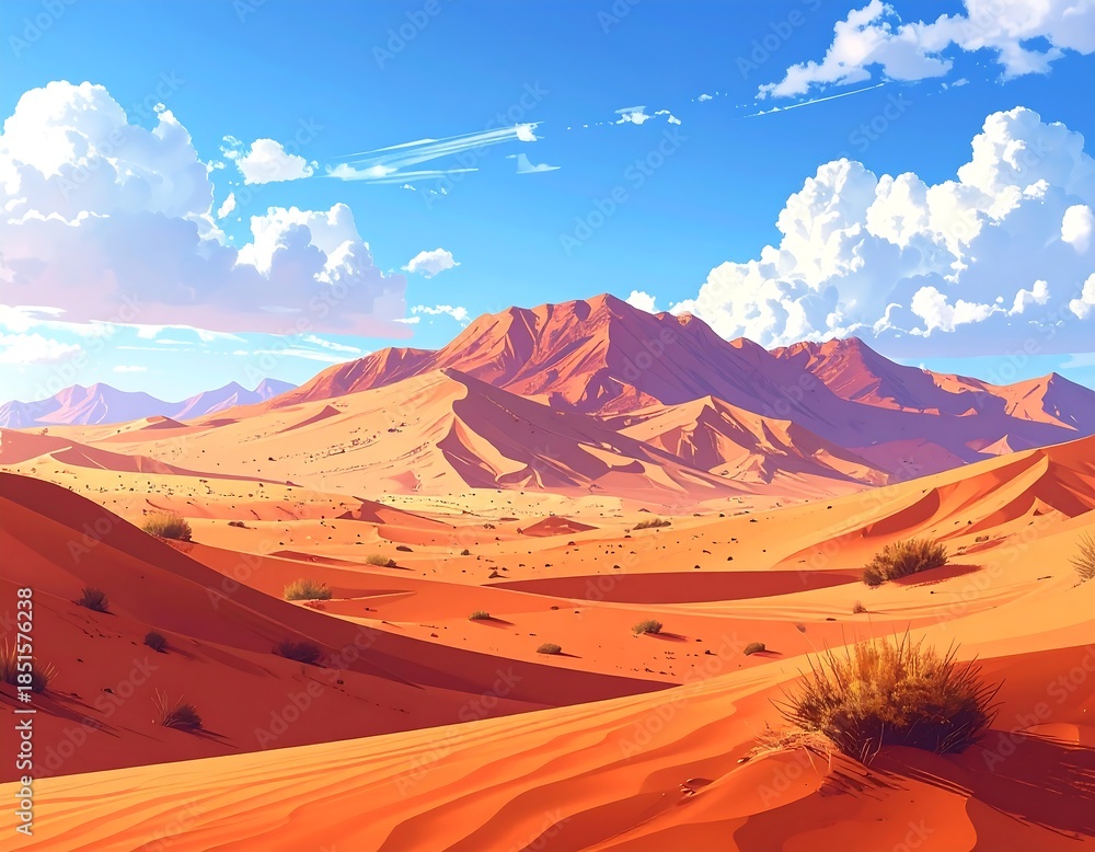 Naklejka premium Animated desert scene, dunes under a blue sky with fluffy white clouds, mountains