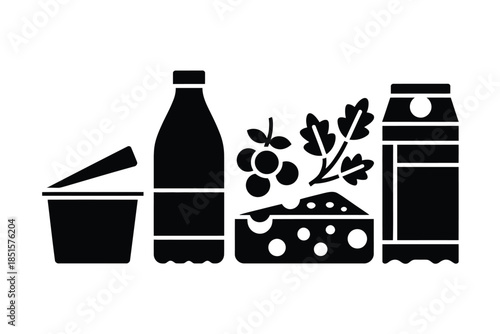 A collection of stylized dairy products and fruit is presented.