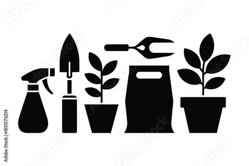 Gardening tools and potted plants are arranged against a white background.