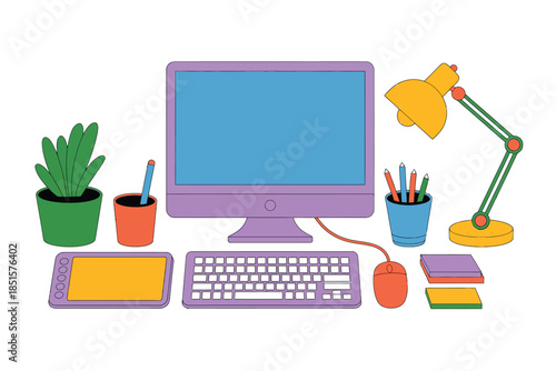 A desk setup includes a computer monitor, keyboard, mouse, tablet, lamp, and office supplies.