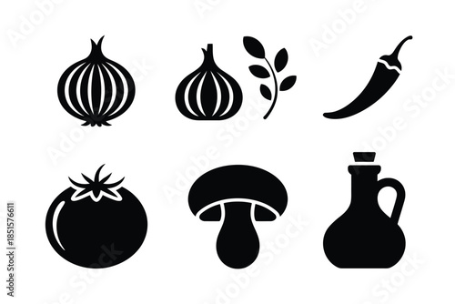 A collection of iconic food ingredients and cooking elements.