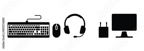 Computer peripherals including a keyboard, mouse, headphones, and monitor are shown.