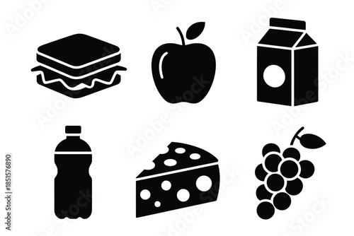 A collection of food icons including a sandwich, apple, milk, drink, cheese, and grapes.