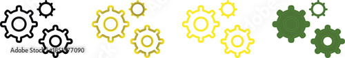 A collection of interlocking gears in various shades of green and yellow