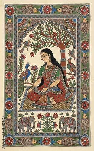 Indian woman in traditional attire sits under a tree with peacocks and elephants