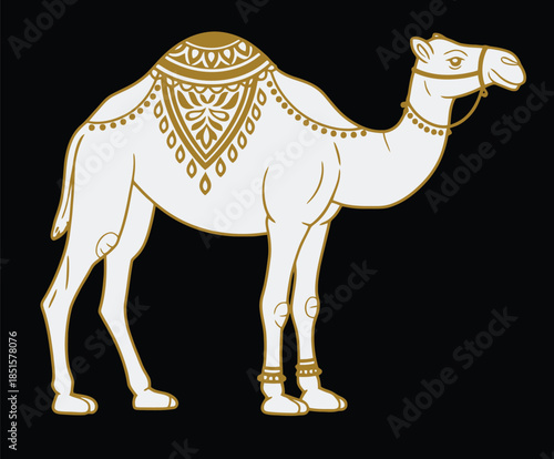 Majestic Desert Camel Illustration with Ornate Golden Decorative Patterns