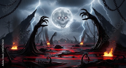 Dark Fantasy Landscape with Skull Moon and Chains