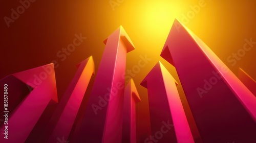 Vibrant upward arrows representing growth and progress in a dynamic abstract setting with a warm yellow and pink gradient background
