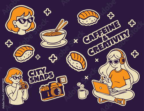 female character photographer and editing design illustration template