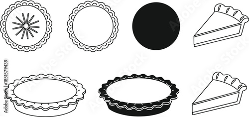 Pie and tart silhouettes vector set with dessert slices, bakery pastry frames, round labels, black and white isolated illustration