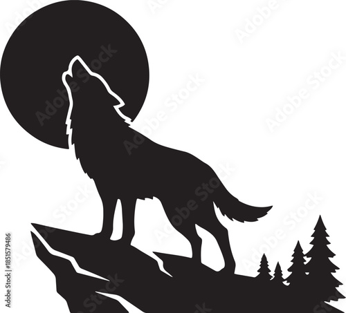 lack silhouette of wolf howling at moon on white background, vector